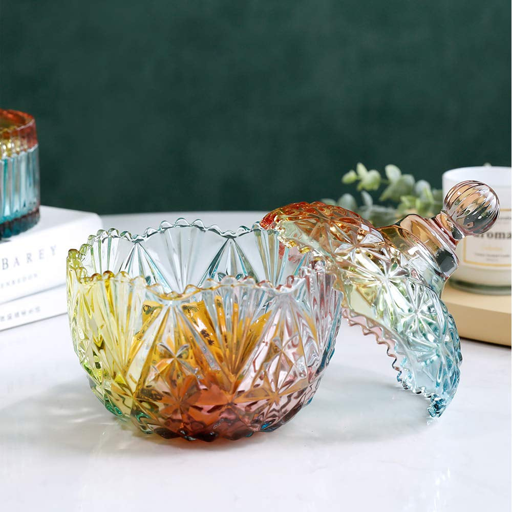 Crystal Glass Candy Dish with Lids, Cookie, Candy Jar with Lid, Rainbow Gradient Design, Large Crown Shaped, Elegant Glass Storage Jar for Buffet, Jewelry Box for Weddings, Home Decor Great Gift