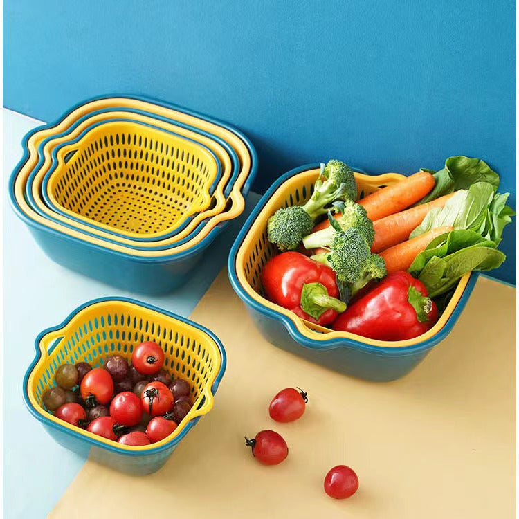 Vegetable Washing Baskets in The Kitchen Fruit Baskets Multi-layer Stackable Vegetable Sinks, Strainer and Washing Fruits and Vegetables Kitchen Colander Set (Blue Yellow)