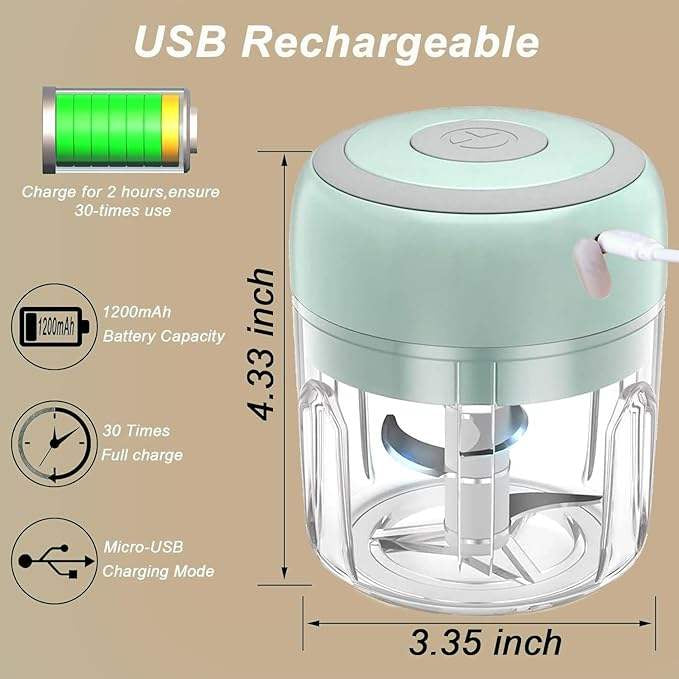 Electric Garlic Chopper, Portable Rechargeable Food Processor, Mini Garlic Grinder Masher Onion Chopper with Stainless Steel Blade, Cordless Mini Veggie Chopper for Nuts, Ginger, Chili, Fruit, Meat, Baby Food Processor