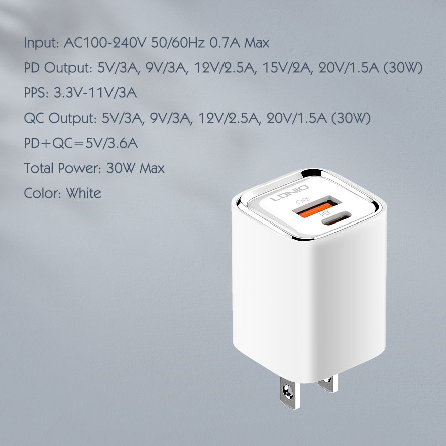 LDNIO 30W PD/QC3.0 Fast Dual-Port USB Charger A2317C with Type-C and USB-A Output Multiple Cable Options