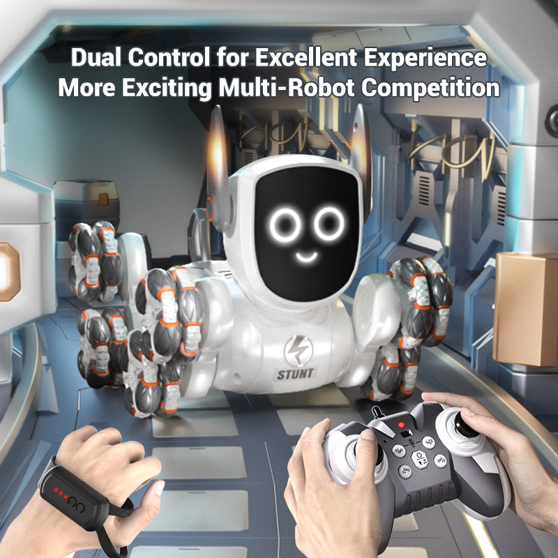 8-Wheel Robot Dog RC Toy with Gesture Control & Dual Remote, Smart Interactive Stunt Robot with LED Lights, Music & Climbing Wheels, Rechargeable STEM Toy for Kids Boys Girls