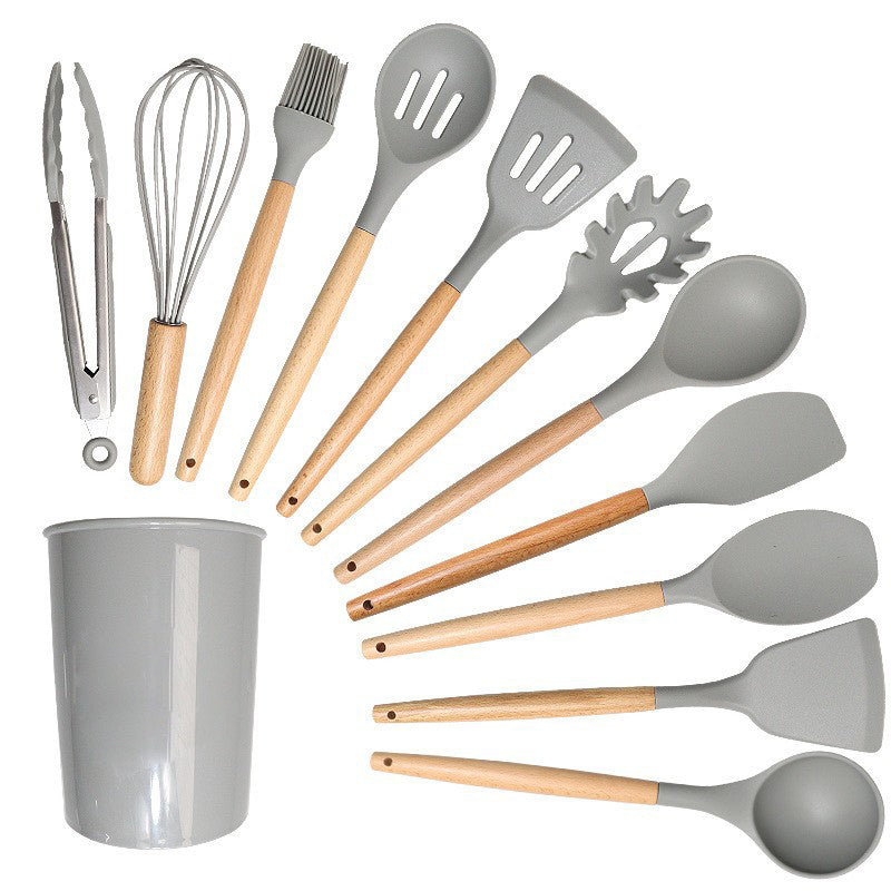 12-Piece Compact Silicone Kitchen Utensil Set With Wooden Handles & Storage Bucket– BPA-Free, Heat Resistant  Silicone cooking Tools, Non-Stick, Eco Friendly– Ideal for Small Kitchens & Gifting.