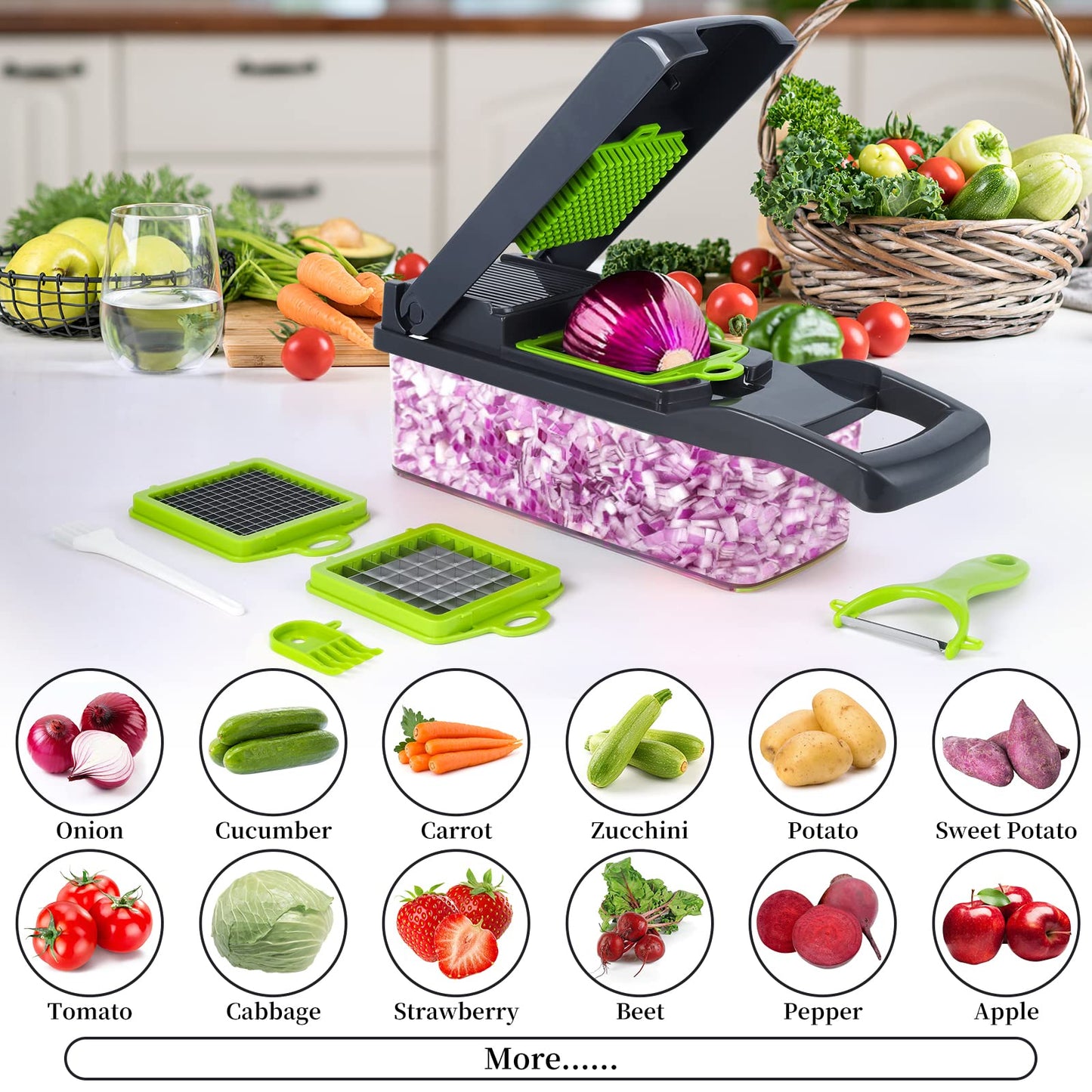16-in-1 Ultimate Vegetable Chopper & Mandoline Slicer – Multi-Blade Food Dicer, Spiralizer, Grater & Cutter with Container – Kitchen Gadget for Fruits, Veggies, Cheese – Black & Green