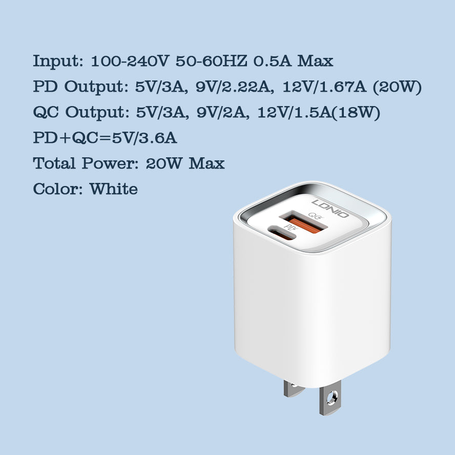 LDNIO 20W Dual Port Fast Charger with PD & QC3.0 Support – White USB-C & USB-A Wall Adapte