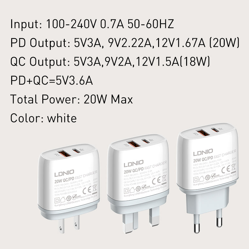 LDNIO 20W Dual Port Fast Charger PD + QC3.0 with USB-C & USB-A Outputs - Type-C/Lightning Compatible With Multiple Cable Options
