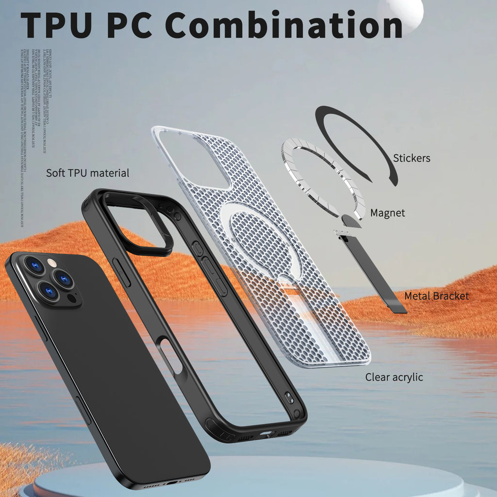 IPhone 16 Pro High Precision Rubber Coating Structure Mobile Phone Bugs CSS Case Protection Shockproof Kickstand Magnetic Metal 360 Degrees Wireless Charging Case