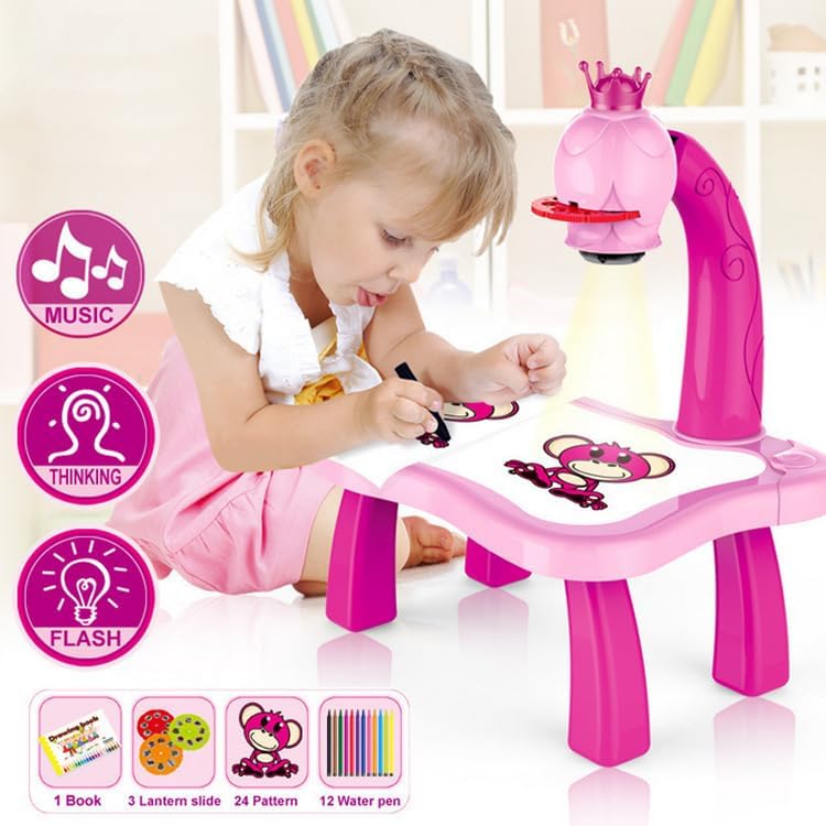 Lighting Educational Drawing Projector Painting Table for Kids Magnetic Writing & Drawing Kits for Kids Ages 3-8 with Music Pencils Crayons Scrapbook Sticker Book Unicorn Stickers Perfect Toys