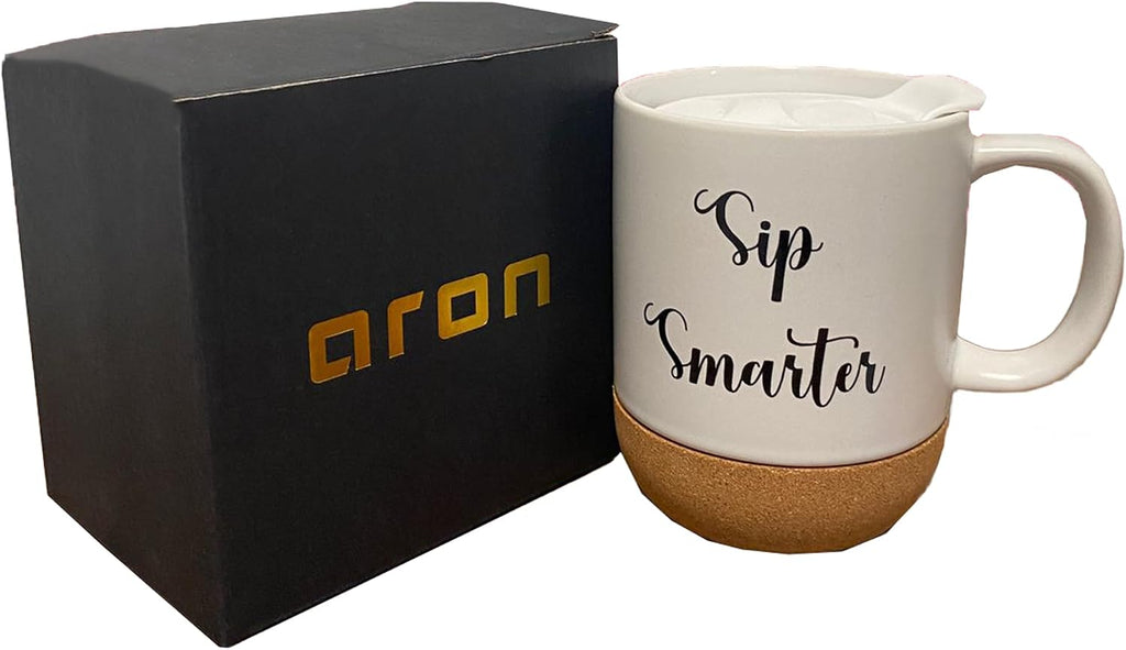 Aron 16.5 oz Ceramic Coffee Mug with Cork Bottom and Lid, Sip Smarter Design, Travel Coffee Cup for Home, Travel, Corporate, indoor, Birthday & Christmas Gift