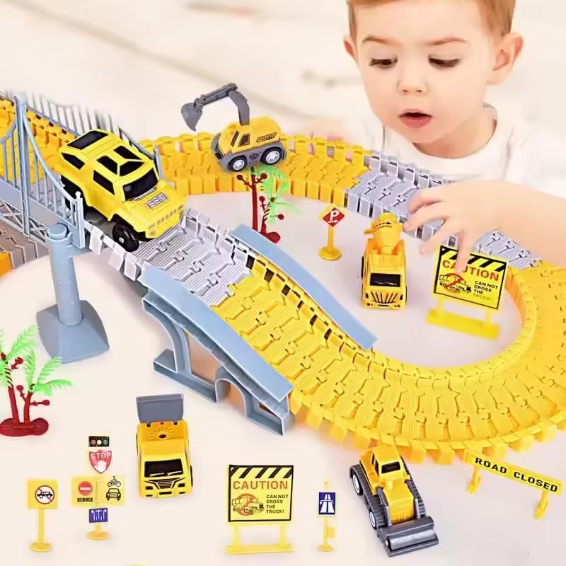 Multi-Functional Construction Race Track for Kids Toys, 2 Racing Cars, 4 Construction Cars, 1 Map and Flexible DIY Track Set, Build Engineering Road Game Toy Gift for Little Boys and Girls Ages 3+