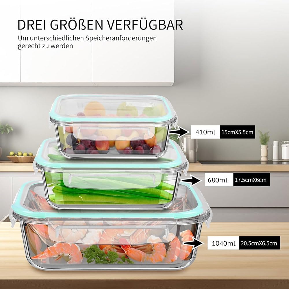3-Pack Borosilicate Glass Eco-friendly Food Storage Containers with Lids Microwavable Heatable, Stackable Airtight Glass Meal Prep Containers for Lunch & Leftover, BPA-Free, for Oven, Refrigerator