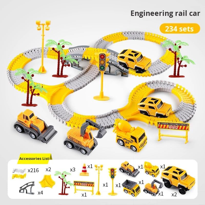 Multi-Functional Construction Race Track for Kids Toys, 2 Racing Cars, 4 Construction Cars, 1 Map and Flexible DIY Track Set, Build Engineering Road Game Toy Gift for Little Boys and Girls Ages 3+