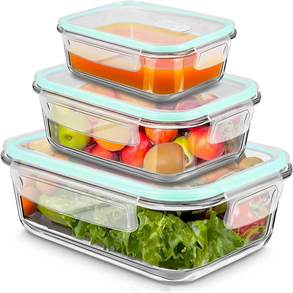 3-Pack Borosilicate Glass Eco-friendly Food Storage Containers with Lids Microwavable Heatable, Stackable Airtight Glass Meal Prep Containers for Lunch & Leftover, BPA-Free, for Oven, Refrigerator