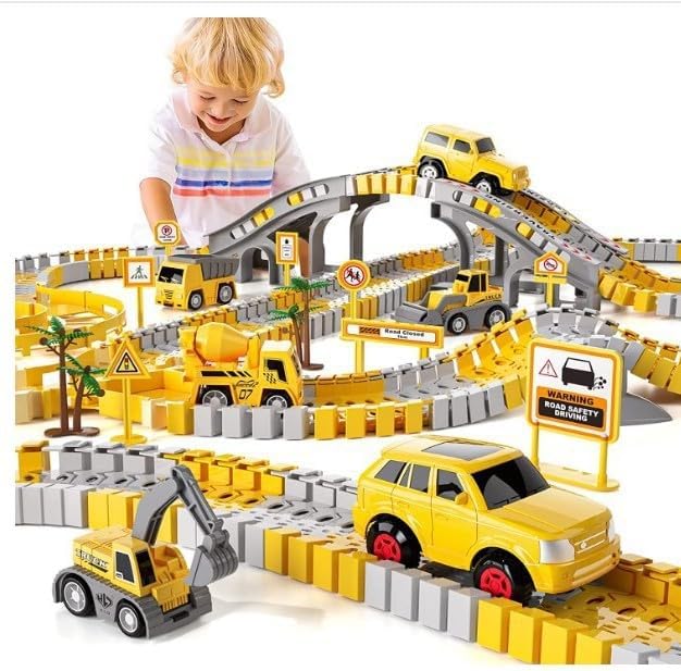 Multi-Functional Construction Race Track for Kids Toys, 2 Racing Cars, 4 Construction Cars, 1 Map and Flexible DIY Track Set, Build Engineering Road Game Toy Gift for Little Boys and Girls Ages 3+