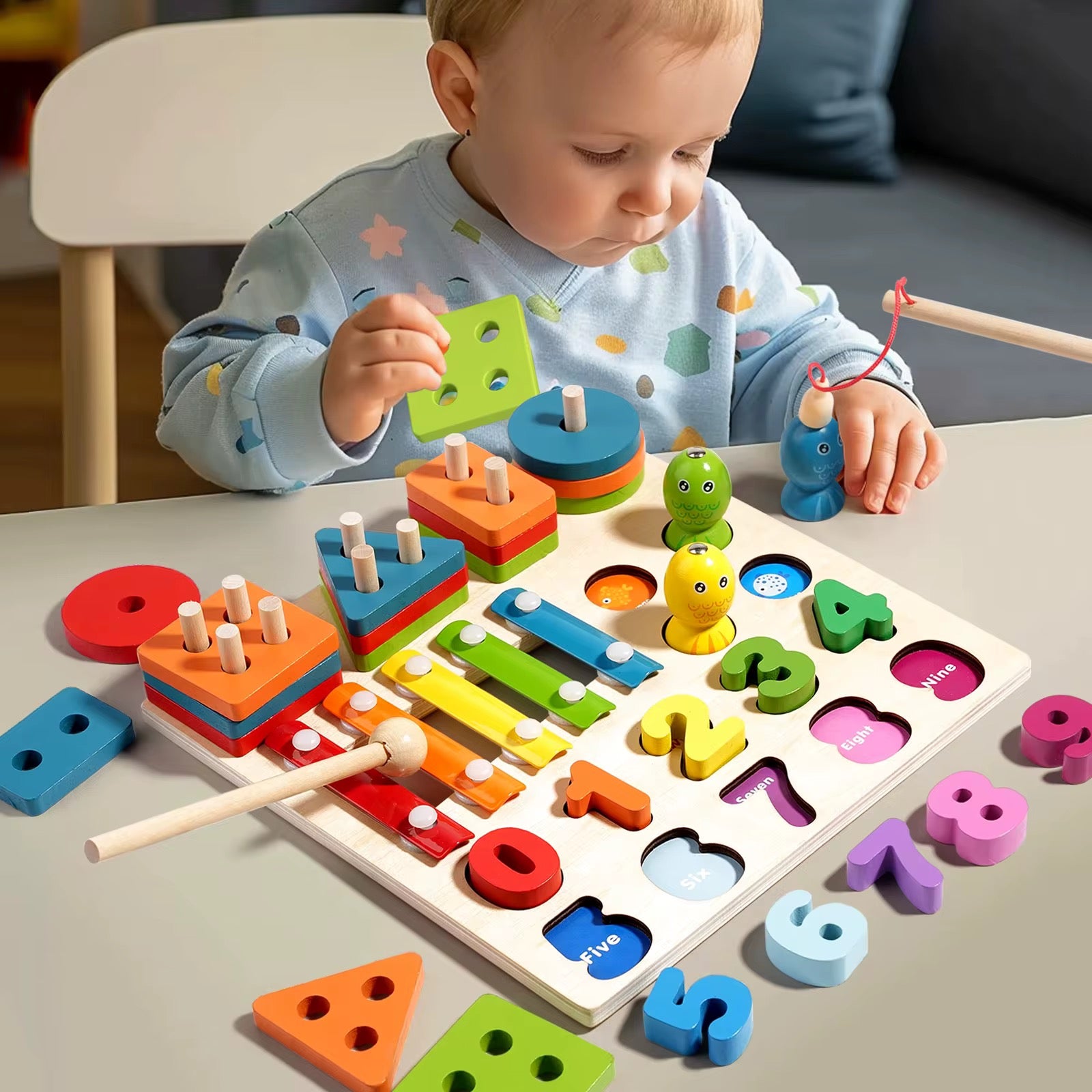 Montessori 4-in-1 Geometric Shapes Sorting & Stacking Toy – Columns Matching Blocks Set with Fishing Game, Sensory Learning, Early Education Activity Toy for Toddlers’ Intellectual Development