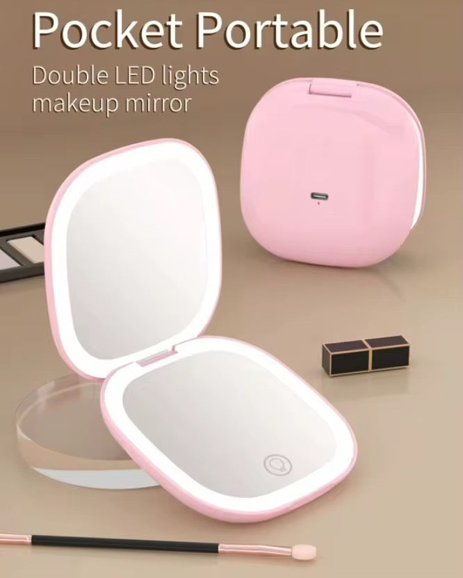 LumiÉlan™ DualGlow Compact Mirror – Precision Meets Elegance LED Makeup Mirror Light Double-Sided Folding Square Pocket Portable