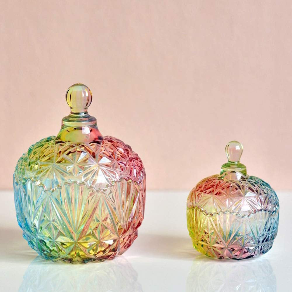 Crystal Glass Candy Dish with Lids, Cookie, Candy Jar with Lid, Rainbow Gradient Design, Large Crown Shaped, Elegant Glass Storage Jar for Buffet, Jewelry Box for Weddings, Home Decor Great Gift