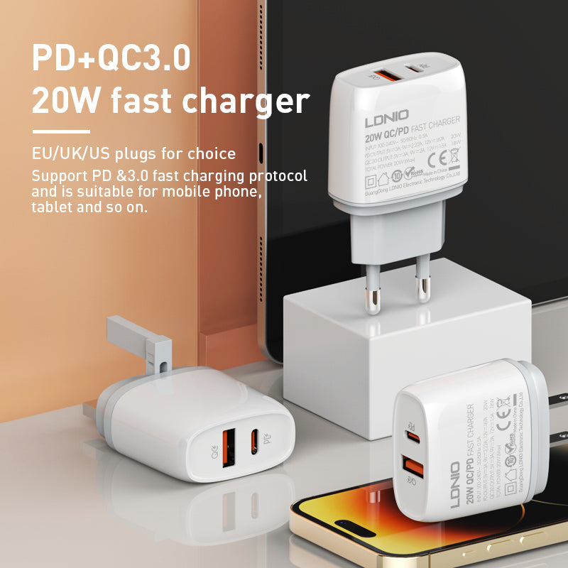 LDNIO 20W Dual Port Fast Charger PD + QC3.0 with USB-C & USB-A Outputs - Type-C/Lightning Compatible With Multiple Cable Options