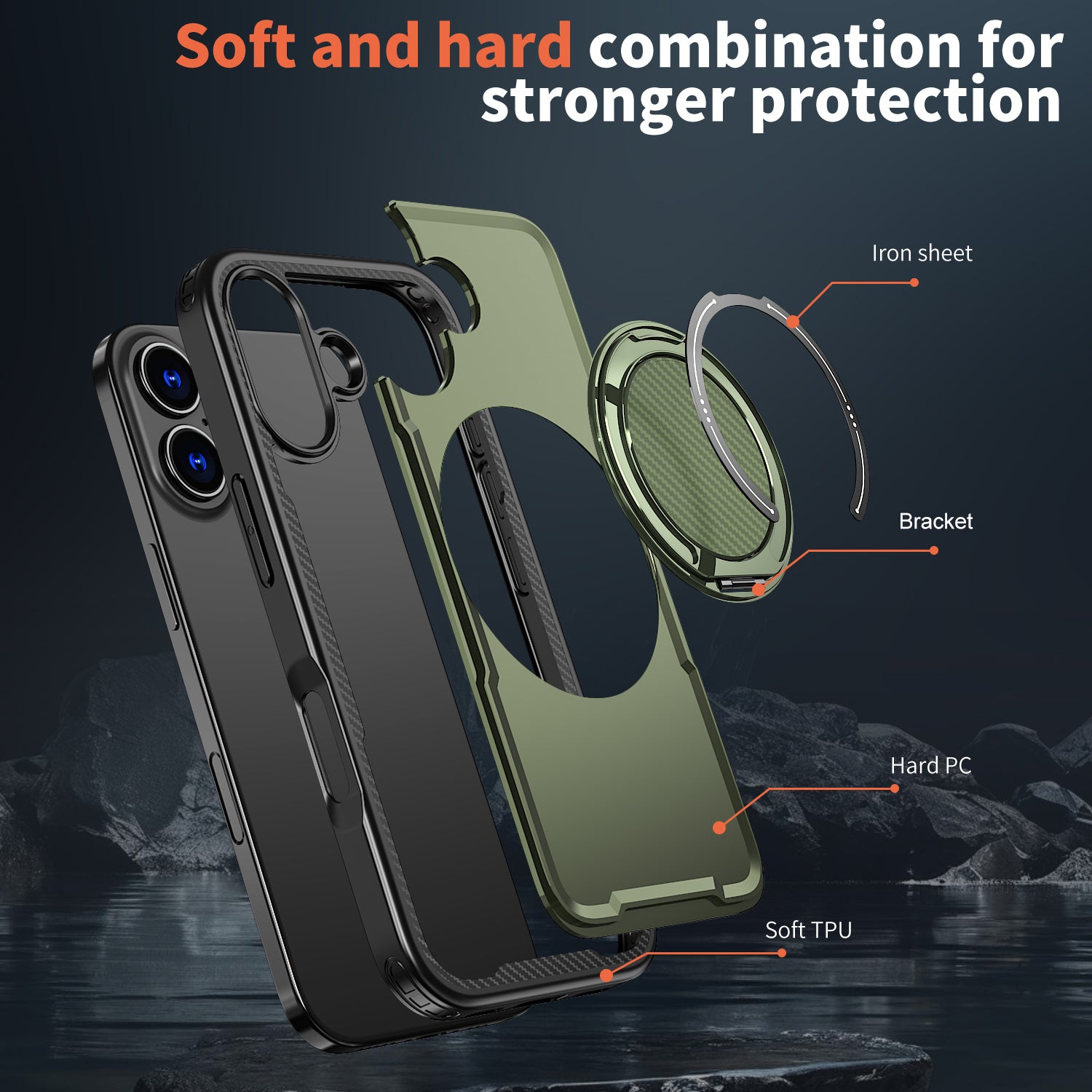 IPhone 17 High Precision Rubber Coating Structure Mobile Phone Bugs CSS Case Protection Shockproof Kickstand Magnetic Metal 360 Degrees Wireless Charging Case