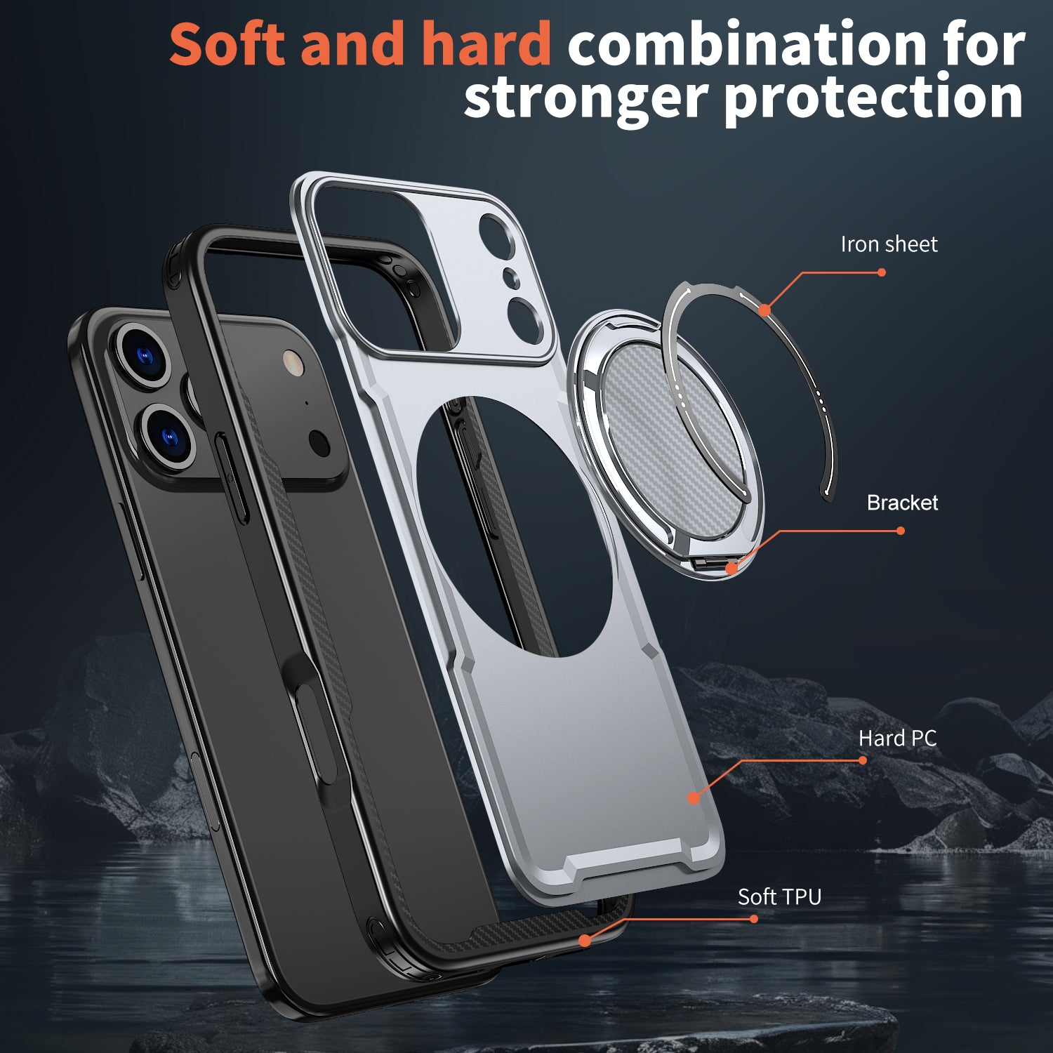 IPhone 17 Pro Max High Precision Rubber Coating Structure Mobile Phone Bugs CSS Case Protection Shockproof Kickstand Magnetic Metal 360 Degrees Wireless Charging Case