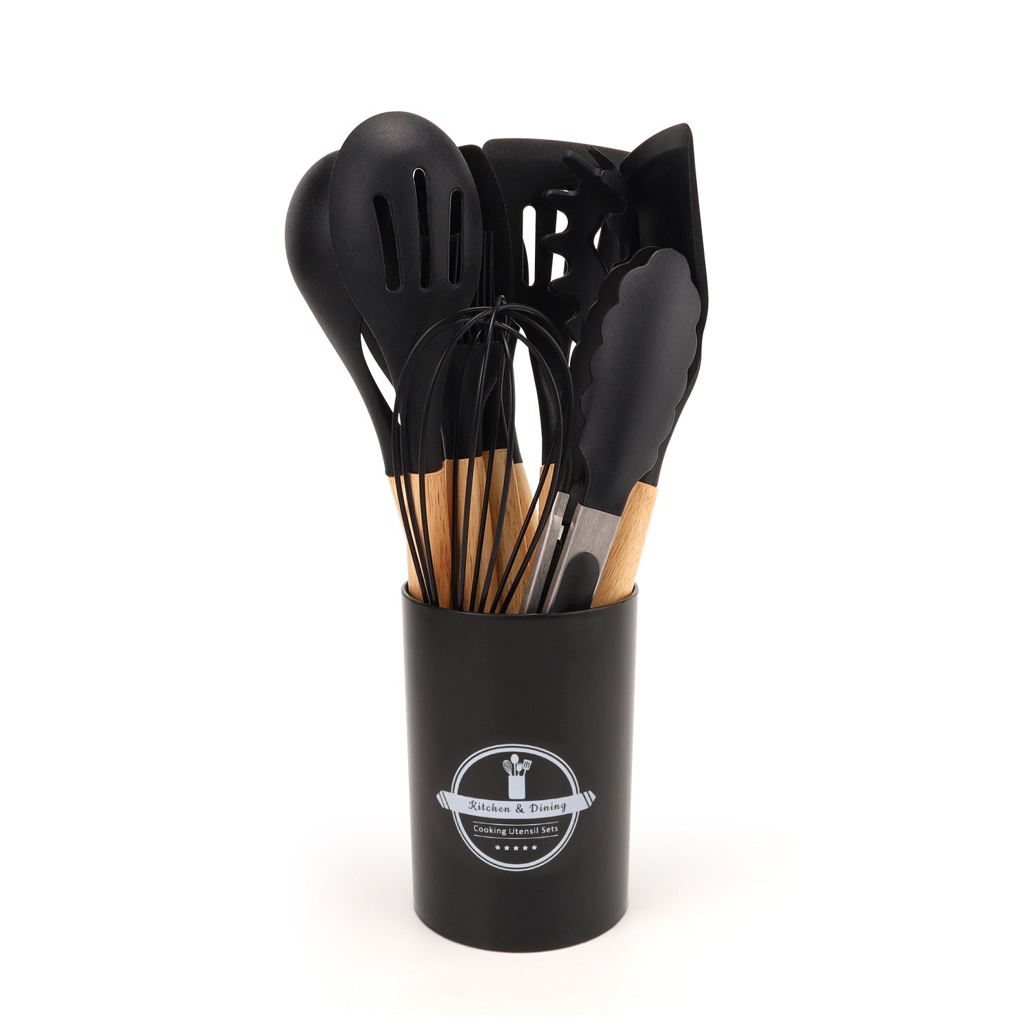 12-Piece Compact Silicone Kitchen Utensil Set With Wooden Handles & Storage Bucket– BPA-Free, Heat Resistant  Silicone cooking Tools, Non-Stick, Eco Friendly– Ideal for Small Kitchens & Gifting.