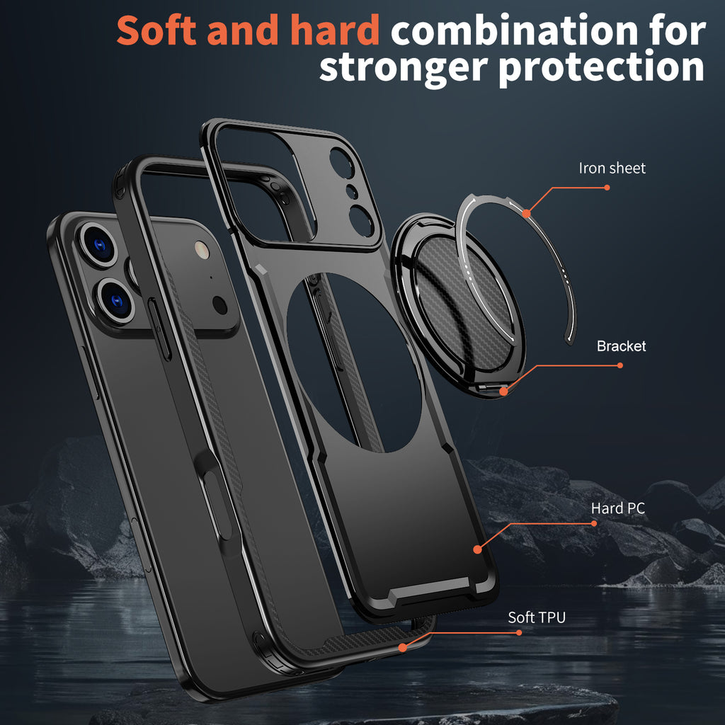 IPhone 17 Pro High Precision Rubber Coating Structure Mobile Phone Bugs CSS Case Protection Shockproof Kickstand Magnetic Metal 360 Degrees Wireless Charging Case