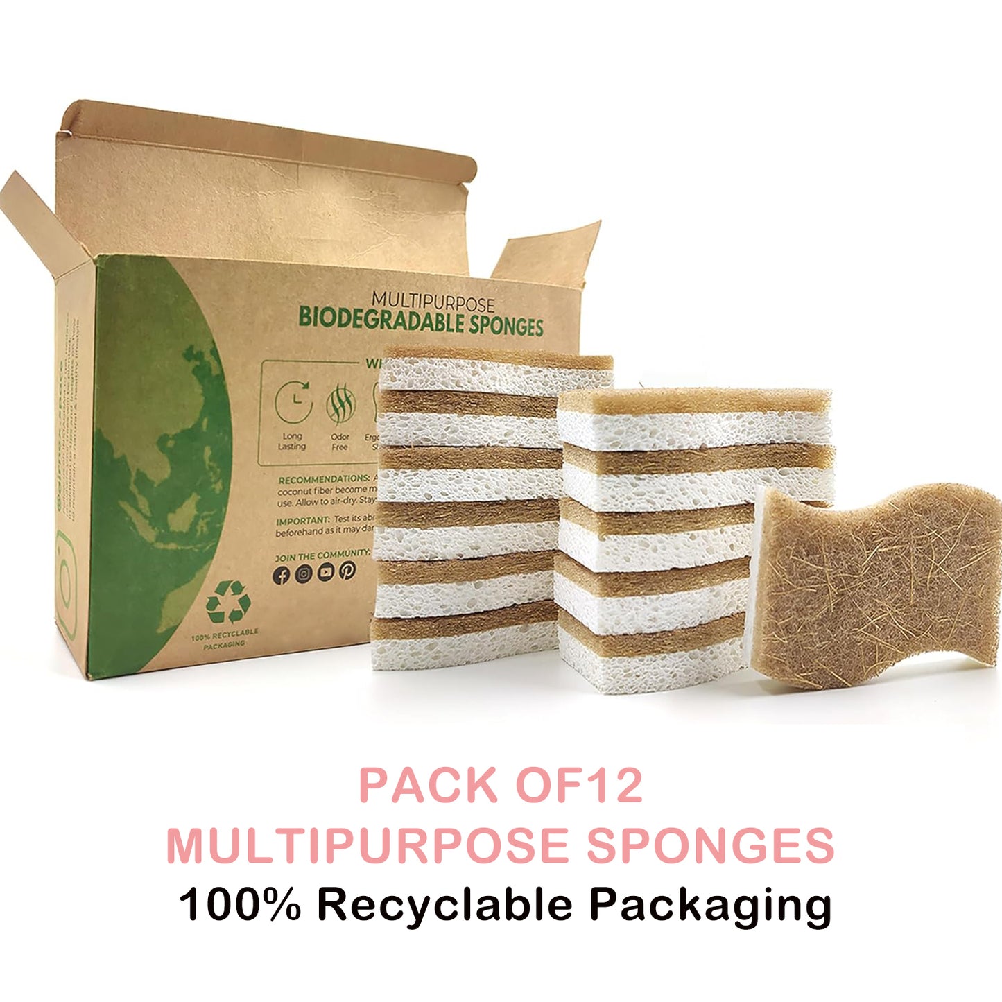 Biodegradable Eco-Friendly Kitchen Sponge Natural Compostable Cellulose Coconut Walnut Scrubber for Household Cleaning Dish High