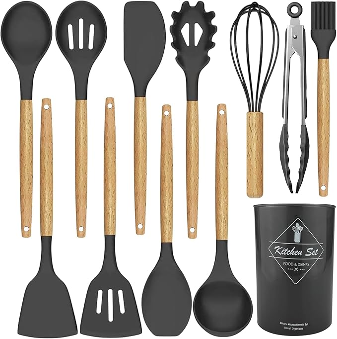 12-Piece Compact Silicone Kitchen Utensil Set With Wooden Handles & Storage Bucket– BPA-Free, Heat Resistant  Silicone cooking Tools, Non-Stick, Eco Friendly– Ideal for Small Kitchens & Gifting.