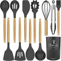 12-Piece Compact Silicone Kitchen Utensil Set With Wooden Handles & Storage Bucket– BPA-Free, Heat Resistant  Silicone cooking Tools, Non-Stick, Eco Friendly– Ideal for Small Kitchens & Gifting.