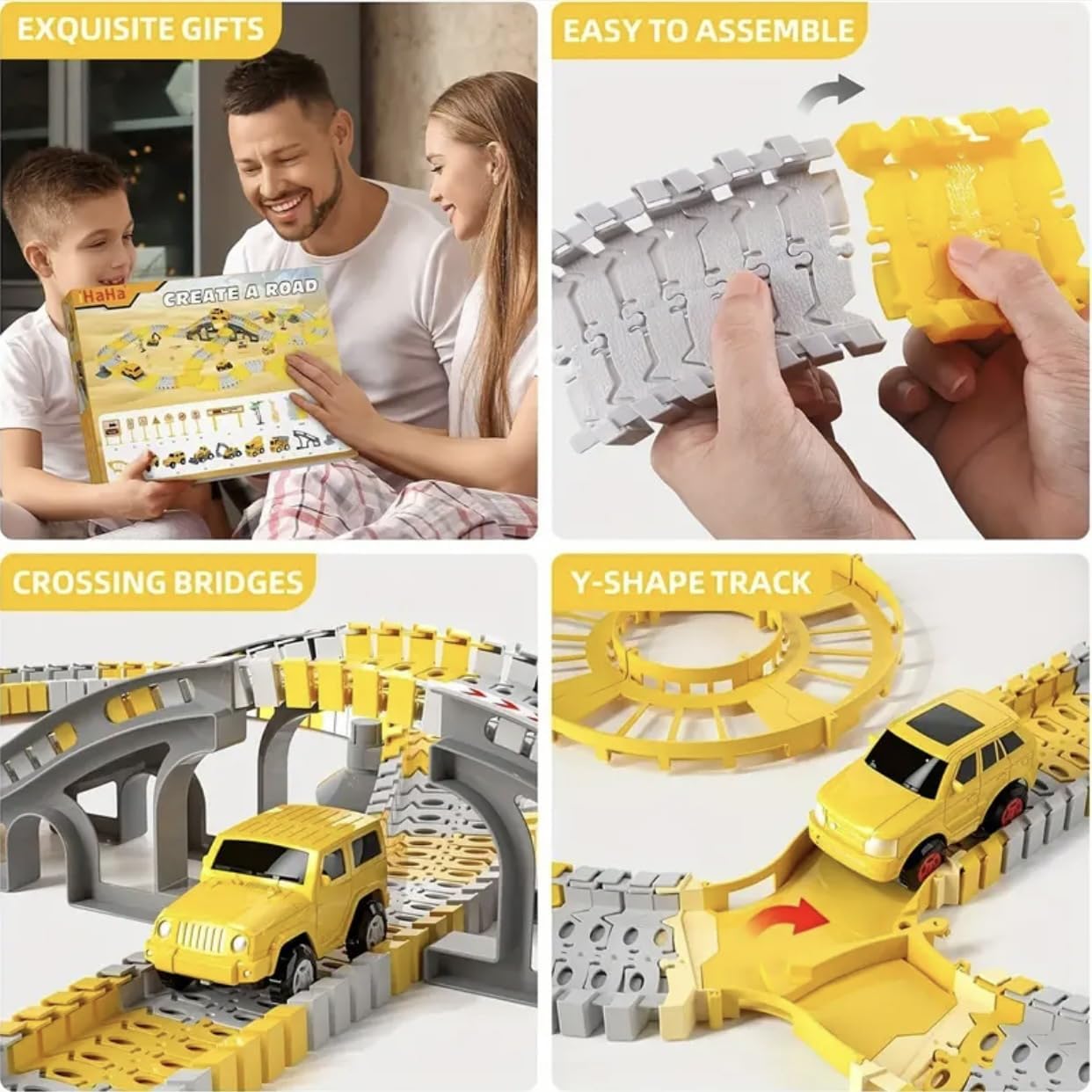 Multi-Functional Construction Race Track for Kids Toys, 2 Racing Cars, 4 Construction Cars, 1 Map and Flexible DIY Track Set, Build Engineering Road Game Toy Gift for Little Boys and Girls Ages 3+