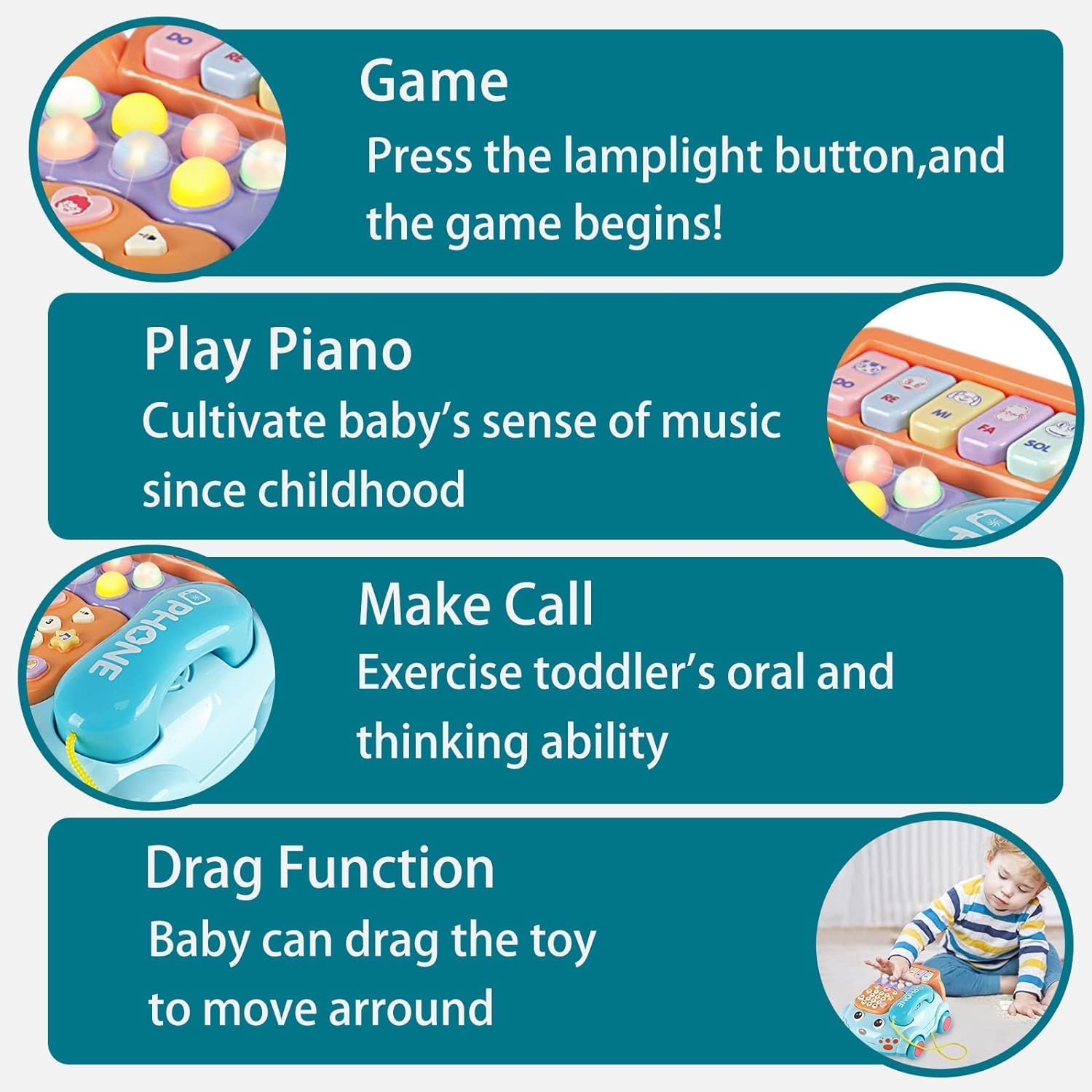 Sensory Learning with 12 Functions Baby Toy Phone Cartoon Baby Piano Music Light Toy Children Pretend Phone, Kids Cell with Parent-Child Interactive Toy Game Boy Girl Early Education Gift 18M+