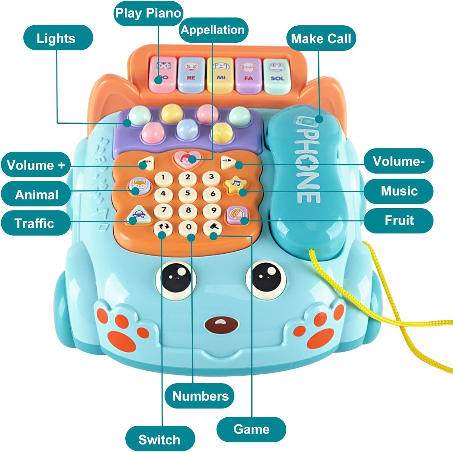 Sensory Learning with 12 Functions Baby Toy Phone Cartoon Baby Piano Music Light Toy Children Pretend Phone, Kids Cell with Parent-Child Interactive Toy Game Boy Girl Early Education Gift 18M+