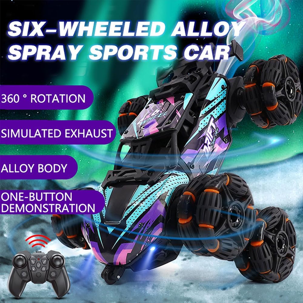 Six-wheel RC Control Racing Car Spray Off Road Truck Function That Can Turn Back & Forth 4-Channel Double Sided Remote Control Expert Drift Twisting Plastic Stunt Car 500m Range for Indoor-Outdoor Use