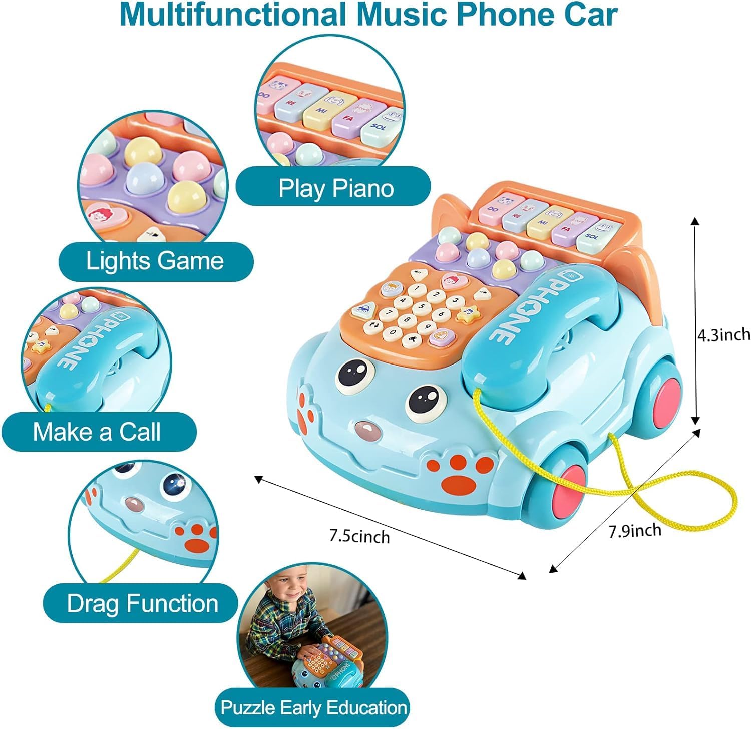 Sensory Learning with 12 Functions Baby Toy Phone Cartoon Baby Piano Music Light Toy Children Pretend Phone, Kids Cell with Parent-Child Interactive Toy Game Boy Girl Early Education Gift 18M+