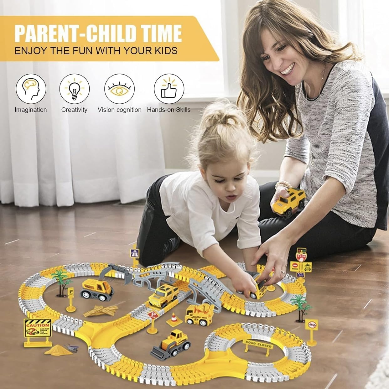 Multi-Functional Construction Race Track for Kids Toys, 2 Racing Cars, 4 Construction Cars, 1 Map and Flexible DIY Track Set, Build Engineering Road Game Toy Gift for Little Boys and Girls Ages 3+