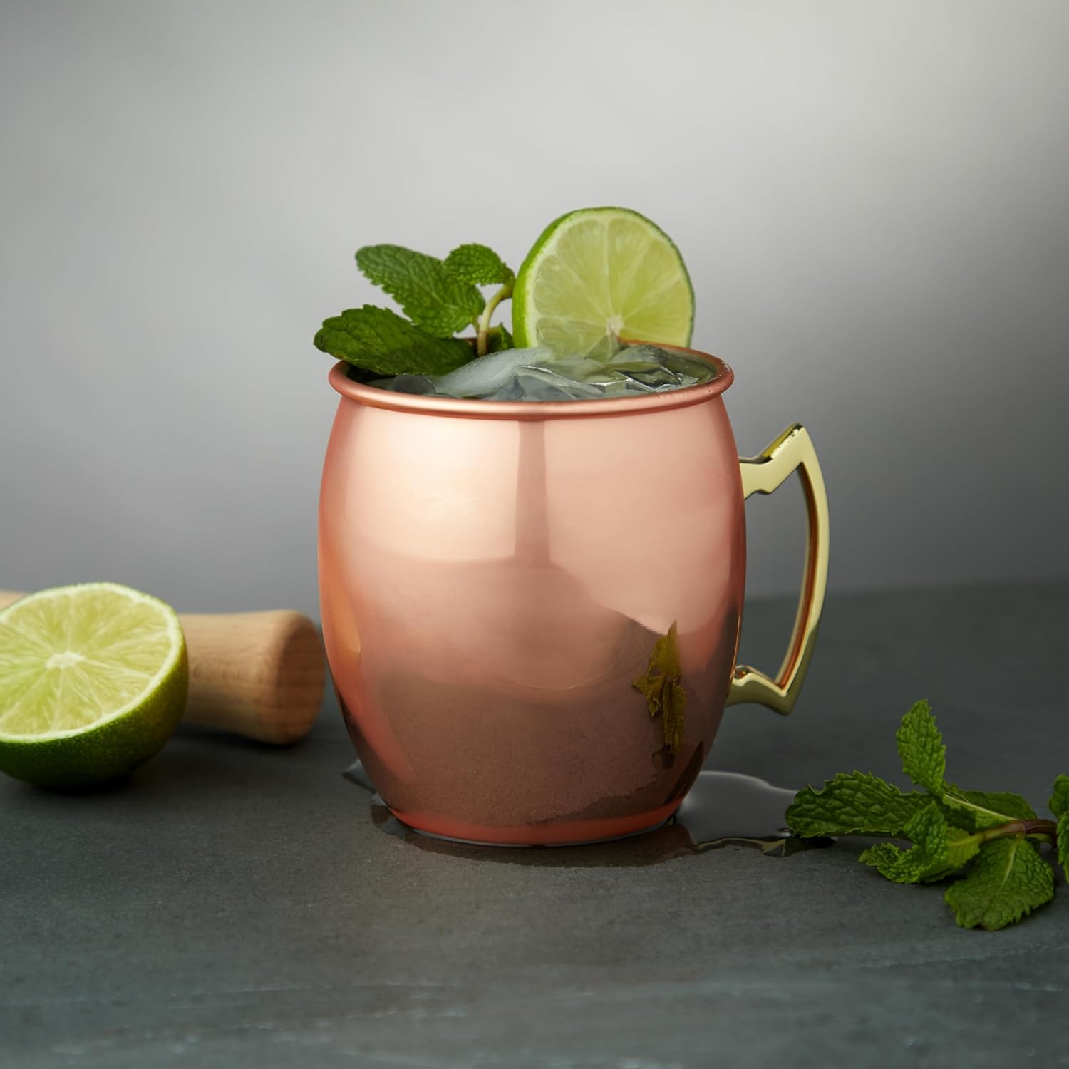 Aron Handmade Solid Copper Moscow Mule Mug Heat Insulation, Barrel Shaped Mug with Brass Handle & Smooth Texture, Perfect for Moscow Mules or Party Favors