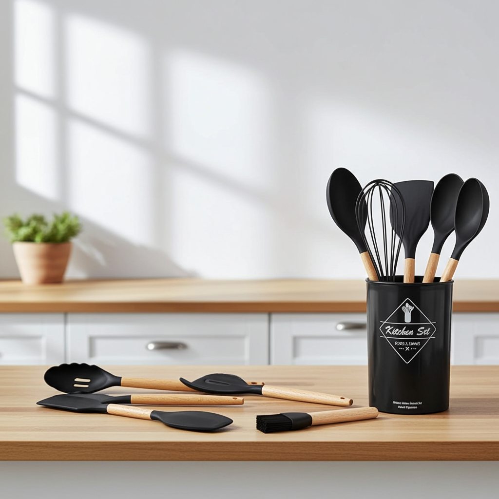 12-Piece Compact Silicone Kitchen Utensil Set With Wooden Handles & Storage Bucket– BPA-Free, Heat Resistant  Silicone cooking Tools, Non-Stick, Eco Friendly– Ideal for Small Kitchens & Gifting.