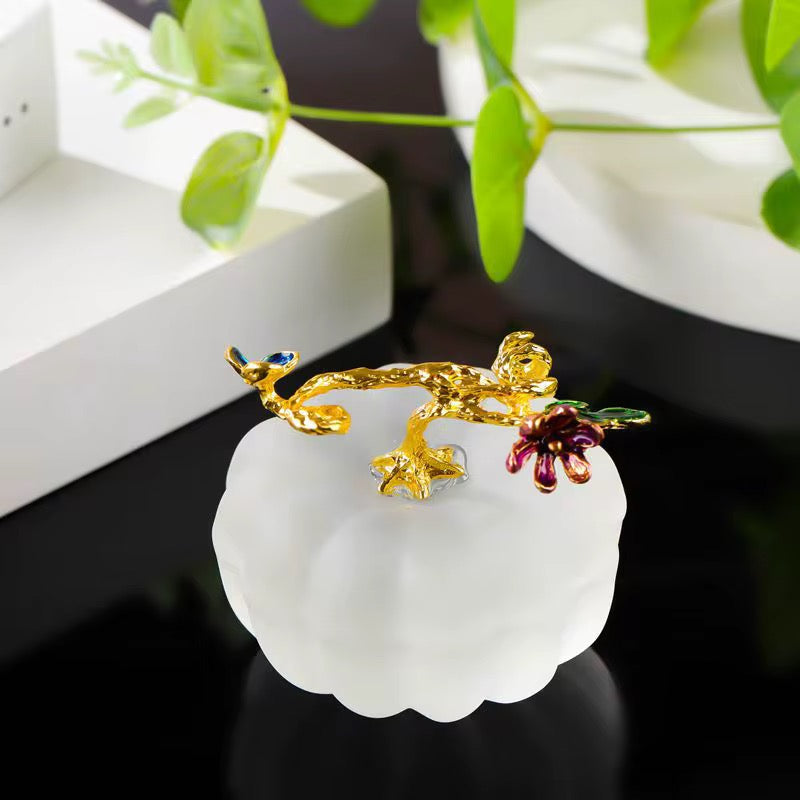 Crystal Glass Pumpkin Crafts Ornaments with Leaves Crafts Glass Pumpkin Decoration Halloween Table Figurine Simulation Autumn Harvest Gift Souvenir for Thanksgiving