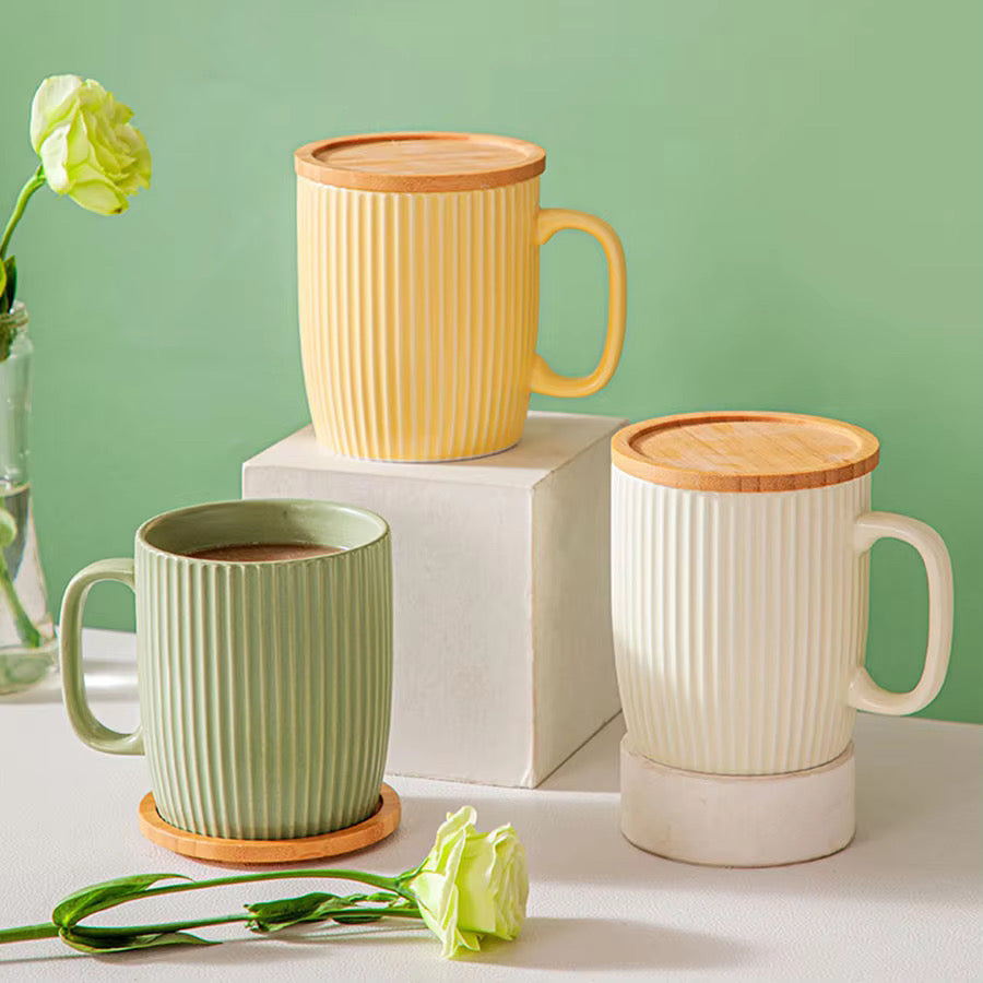 Aron 400ml Handmade Glaze Ceramic Vertical Pattern Mug Simple Vertical Pattern Breakfast Coffee Ceramic Mug Cup with Bamboo Lid, Ribbed Design for Home, Travel, Corporate, Birthday & Christmas Gift