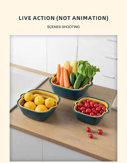 Vegetable Washing Baskets in The Kitchen Fruit Baskets Multi-layer Stackable Vegetable Sinks, Strainer and Washing Fruits and Vegetables Kitchen Colander Set (Blue Yellow)