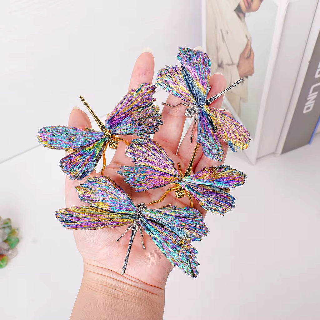 Dragonfly Decor Statue Natural Electroplated Blue Colorful Tourmaline Dragonfly Ornament Gift for Women Collection Natural Home Decor Healing Crystal Blue Dragonfly, Gift for Women, Great Gift 3 PCE