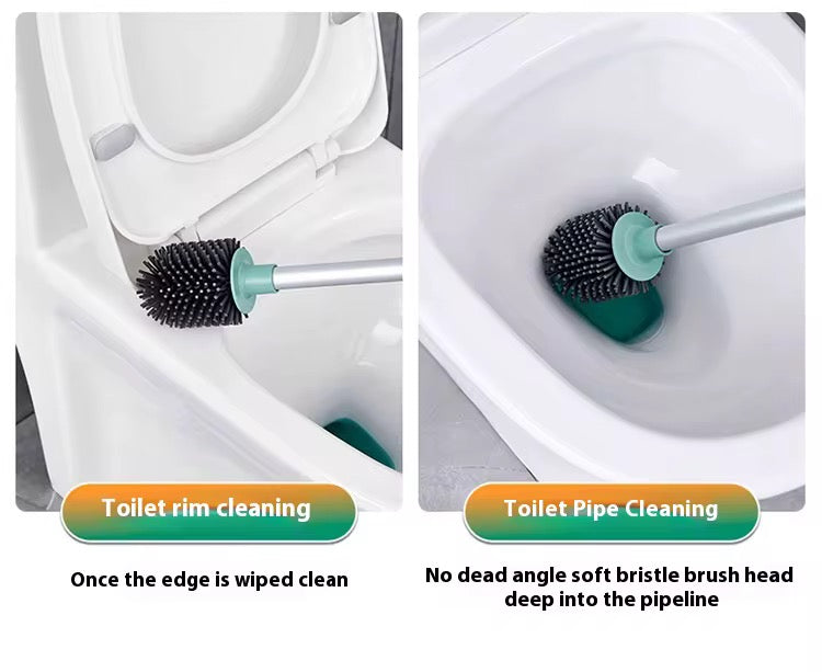 Toilet Brush, Silicone Toilet Bowl Brushes and Holder for Bathroom, Compact Flexible Toilet Cleaner Brush with Ventilated Drying Holder, Wall Mounted/Floor Standing Gray/Green–Long Non-Slip Handle