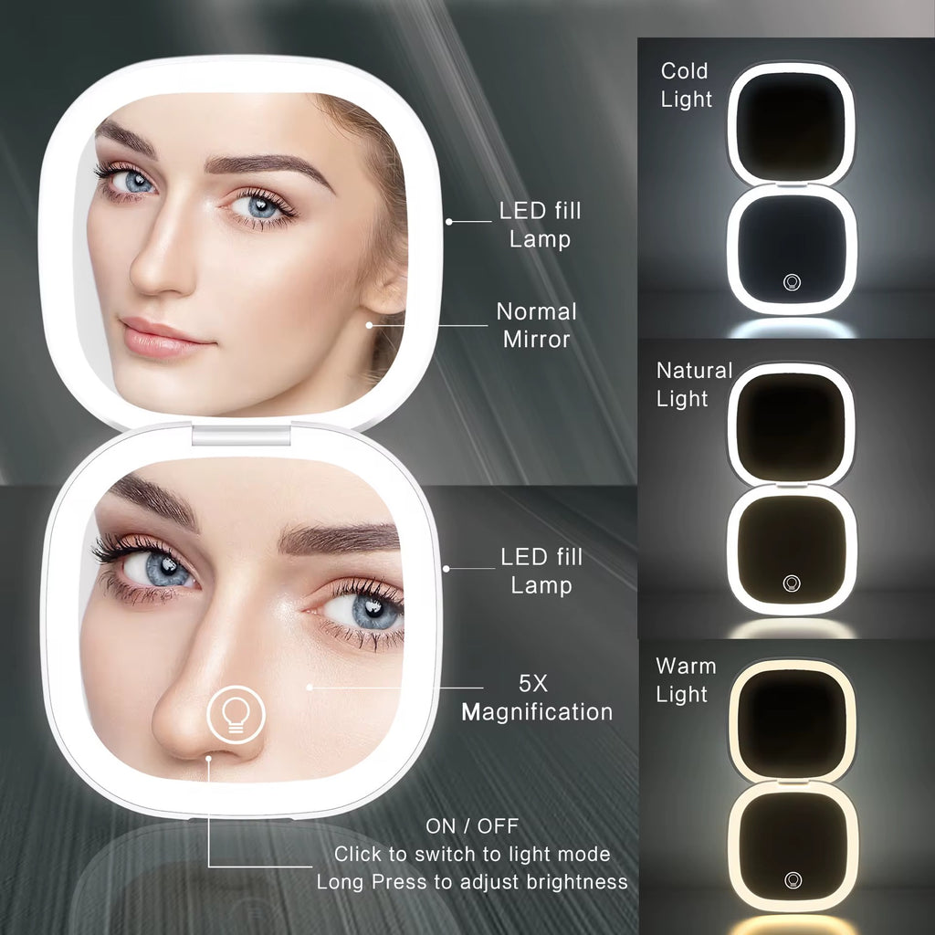 LumiÉlan™ DualGlow Compact Mirror – Precision Meets Elegance LED Makeup Mirror Light Double-Sided Folding Square Pocket Portable