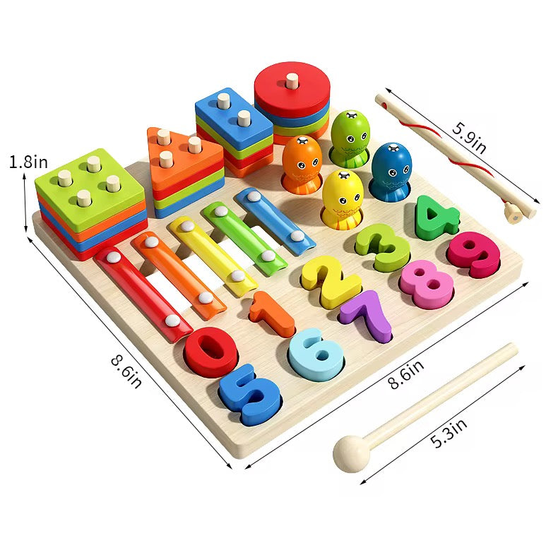 Montessori 4-in-1 Geometric Shapes Sorting & Stacking Toy – Columns Matching Blocks Set with Fishing Game, Sensory Learning, Early Education Activity Toy for Toddlers’ Intellectual Development