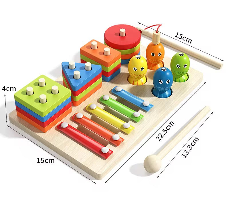 Montessori 4-in-1 Geometric Shapes Sorting & Stacking Toy – Columns Matching Blocks Set with Fishing Game, Sensory Learning, Early Education Activity Toy for Toddlers’ Intellectual Development