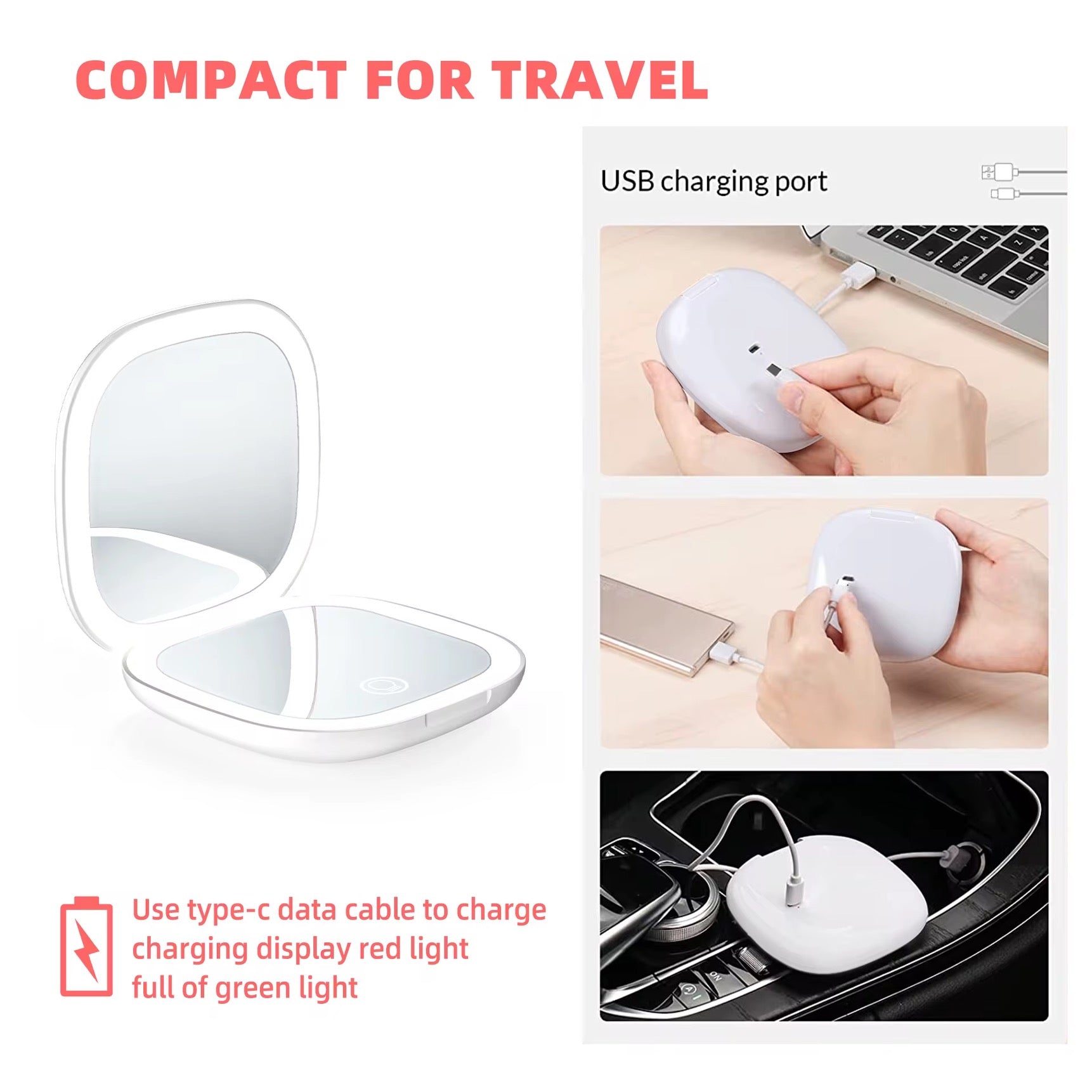 LumiÉlan™ DualGlow Compact Mirror – Precision Meets Elegance LED Makeup Mirror Light Double-Sided Folding Square Pocket Portable