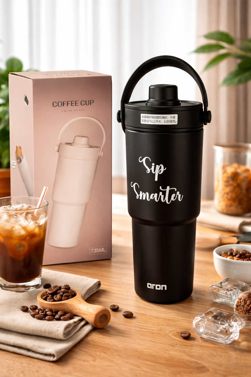 Aron "Sip Smarter" 735ml New Double-Layer Rubber-Coated Car Cup - Premium 304/201 Stainless Steel Insulated Travel Tumbler