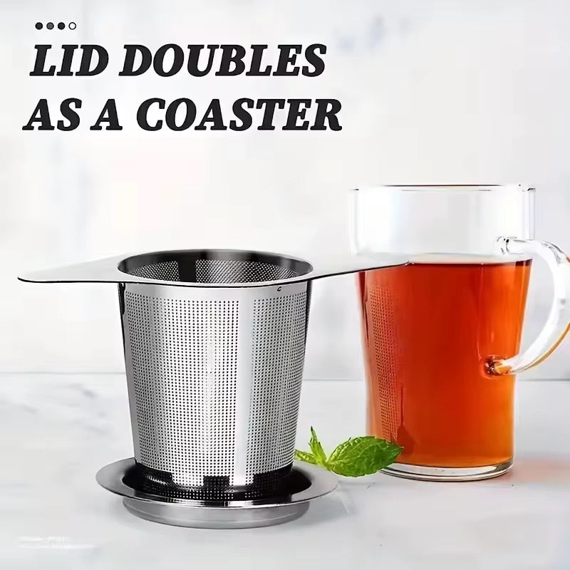 Tea Accessory Set Cup Mug Strainer Teapot 304 Stainless Steel Tea Basket with Lid Extra Fine Mesh Strainer Brewing Basket for Loose Leaf Tea Filter Double Handle Silver Mesh Eco Friendly