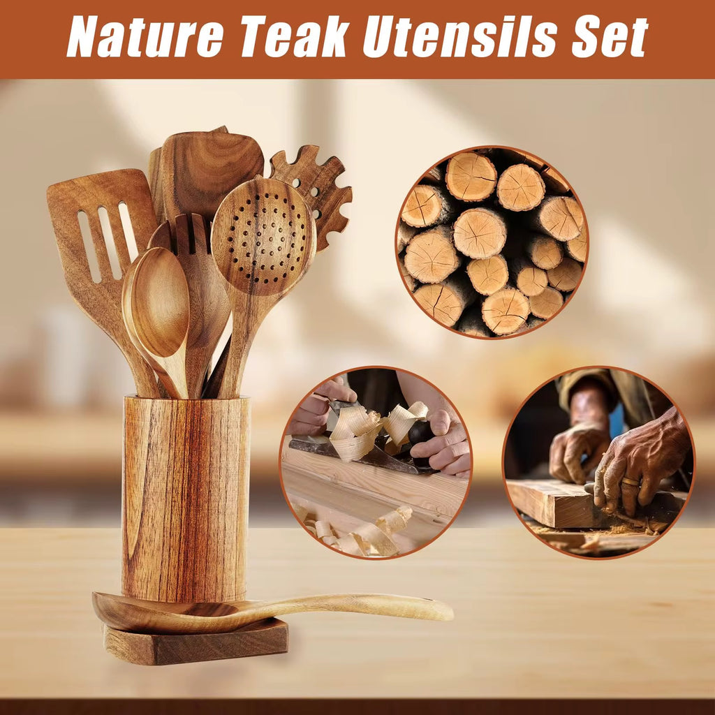 Bring nature into your kitchen—where heritage meets modern simplicity. 9 pcs Natural Craft Acacia Teak Utensil Set.
