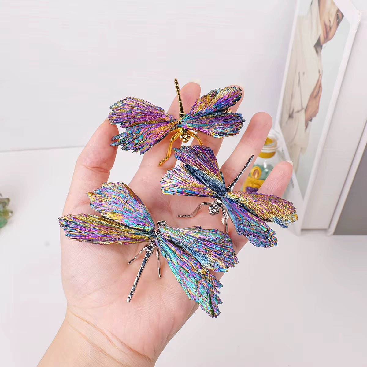 Dragonfly Decor Statue Natural Electroplated Blue Colorful Tourmaline Dragonfly Ornament Gift for Women Collection Natural Home Decor Healing Crystal Blue Dragonfly, Gift for Women, Great Gift 3 PCE