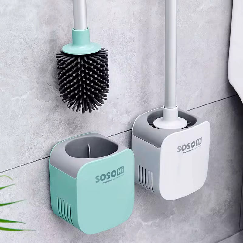Toilet Brush, Silicone Toilet Bowl Brushes and Holder for Bathroom, Compact Flexible Toilet Cleaner Brush with Ventilated Drying Holder, Wall Mounted/Floor Standing Gray/Green–Long Non-Slip Handle